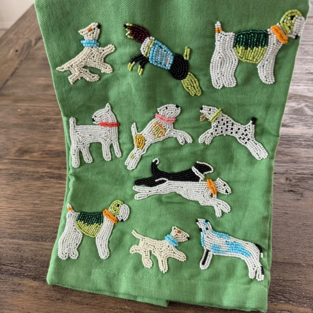 Saint Austin Green Beaded Dog Tea Towel Hand Embroidered Kitchen Decor 18x24‎